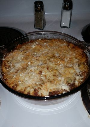 A picture of Venison baked spaghetti.