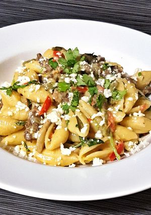 A picture of Steak and Cactus Pasta.
