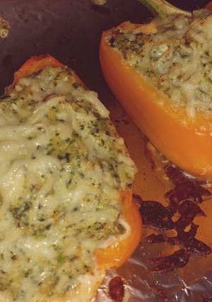 A picture of Healthy chicken stuffed peppers.