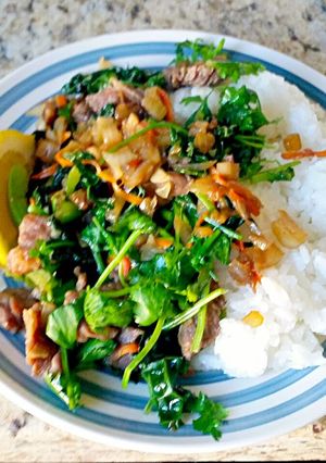 A picture of Marinated Beef Vegetable Stir Fry & Rice.