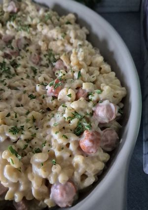 Une photo de Coquillettes crémeuses aux saucisses de Strasbourg au Cookeo infinity