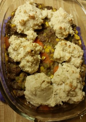 A picture of Beef Pot Pie with Drop Biscuits.