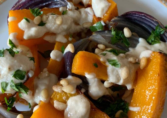 Roasted Butternut Squash and Red Onions with Tahini sauce