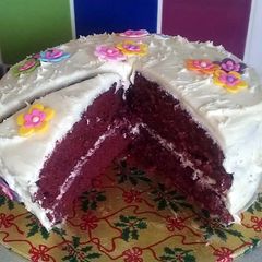 A picture of Vickys Red Velvet Cake with Cream Cheese Frosting.