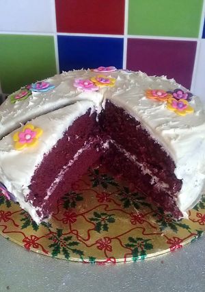 A picture of Vickys Red Velvet Cake with Cream Cheese Frosting.