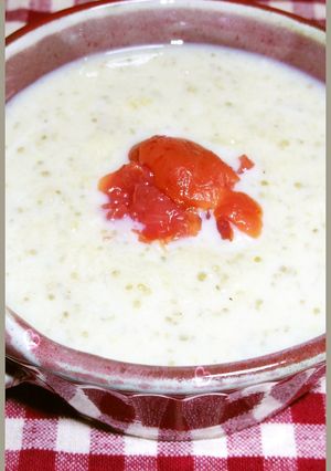 A picture of Chilled Soy Milk Potage Soup with Eggplants.