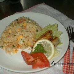 A picture of Salmon Fried Rice Using Frozen Rice.
