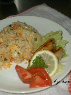 A picture of Salmon Fried Rice Using Frozen Rice.