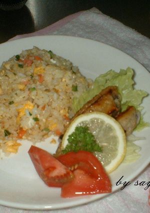A picture of Salmon Fried Rice Using Frozen Rice.