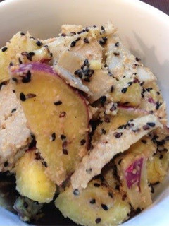 A picture of Sweet Potato and Burdock Root Salad with Lots of Sesame Seeds.