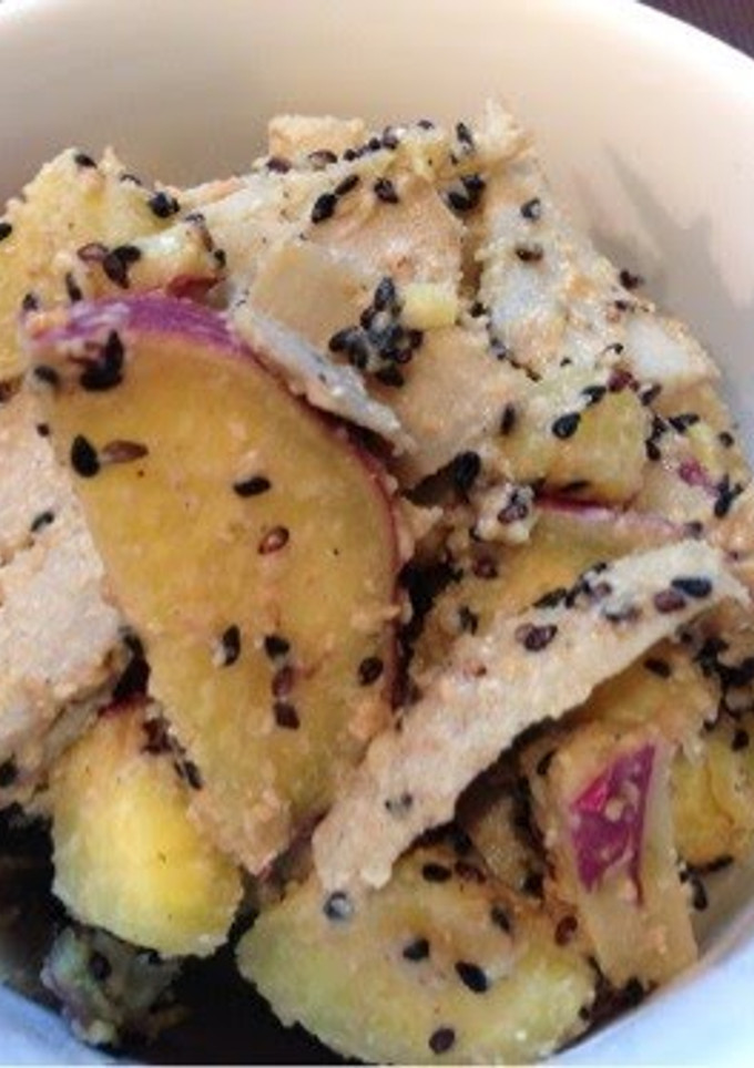 A picture of Sweet Potato and Burdock Root Salad with Lots of Sesame Seeds.