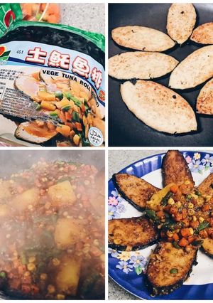 Hình của món Cá chay kho khóm và rau củ.