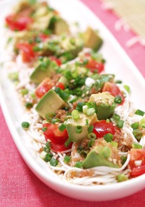 A picture of Chinese Style Tofu Somen Noodles with Avocado and Tomato.