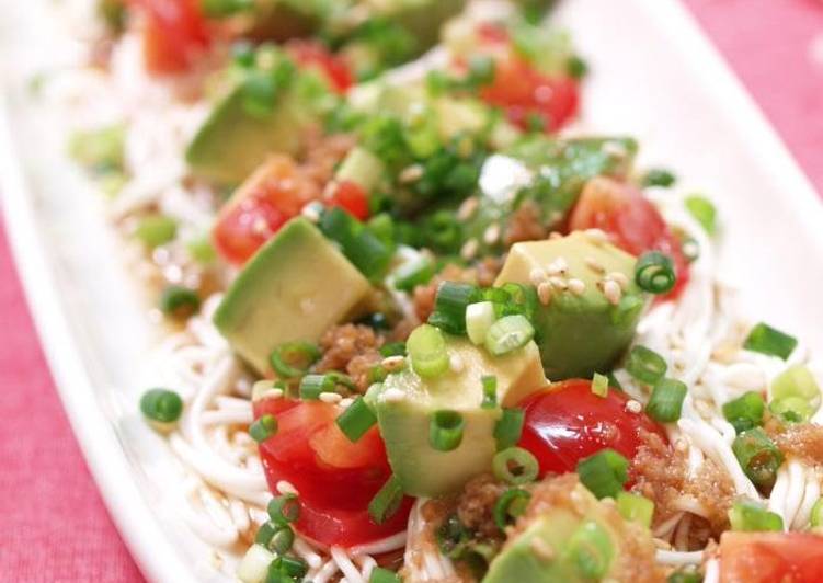 Chinese Style Tofu Somen Noodles with Avocado and Tomato