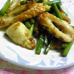 A picture of Delightful Chikuwa Fishcake Sticks and Garlic Shoots Sautéed in Butter.