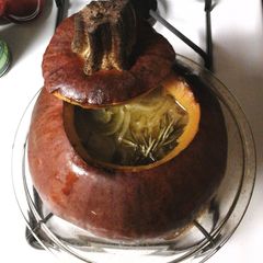 A picture of In a pumpkin soup.
