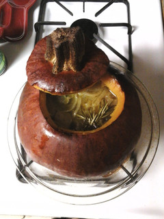 A picture of In a pumpkin soup.
