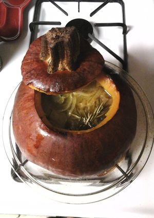 A picture of In a pumpkin soup.