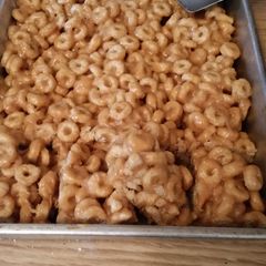 A picture of No bake peanut butter cereal bars.