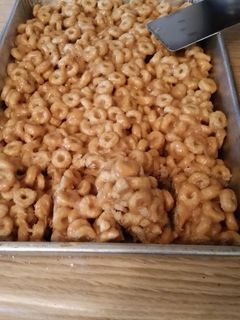 A picture of No bake peanut butter cereal bars.