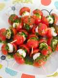 Cherry Tomato and Mozzarella Skewers with Basil Dressing