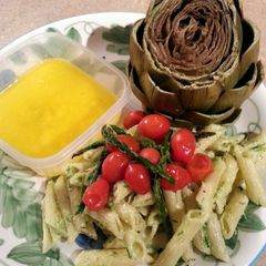A picture of Penne and Asparagus Pesto.