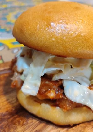 A picture of Korean Style Pulled Pork Sandwich.