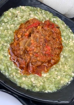 A picture of Okro soup with sauce.