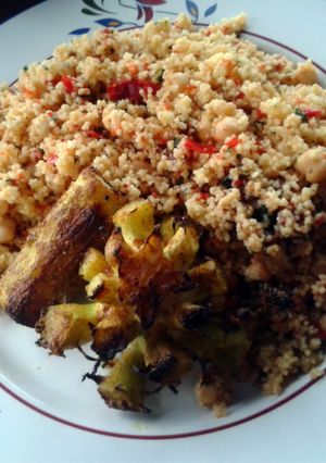 A picture of Roasted Broccoli Stalks with Spicy Couscous (vegan).