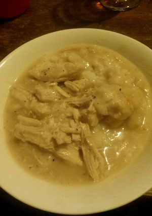 A picture of Crock pot Chicken and dumpling with rice.
