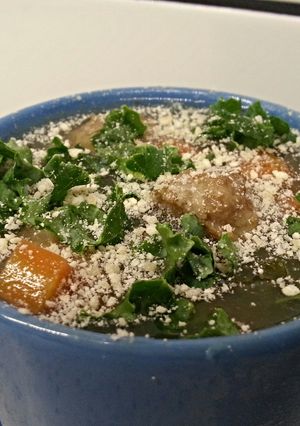 A picture of Italian wedding crockpot/slow cooker with kale and barley.