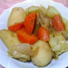 A picture of Stewed New Potato, Sweet Onion, and Spring Cabbage.