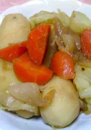 A picture of Stewed New Potato, Sweet Onion, and Spring Cabbage.