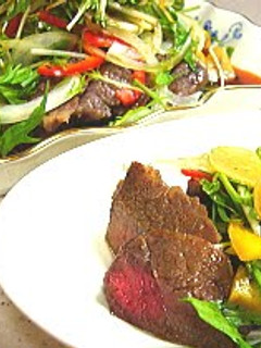 A picture of Steak With Lots of Vegetables- Wasabi Garlic Sauce.