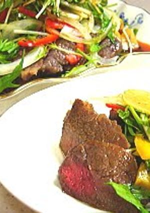 A picture of Steak With Lots of Vegetables- Wasabi Garlic Sauce.