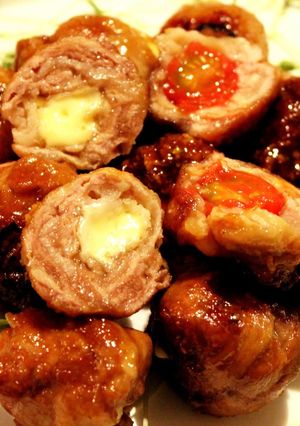 A picture of Tomato Cheese Meatballs using Thinly Sliced Pork Offcuts.