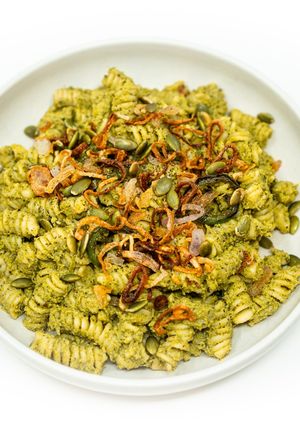 A picture of Charred Broccoli and Jalapeño Pepita Pesto Pasta.