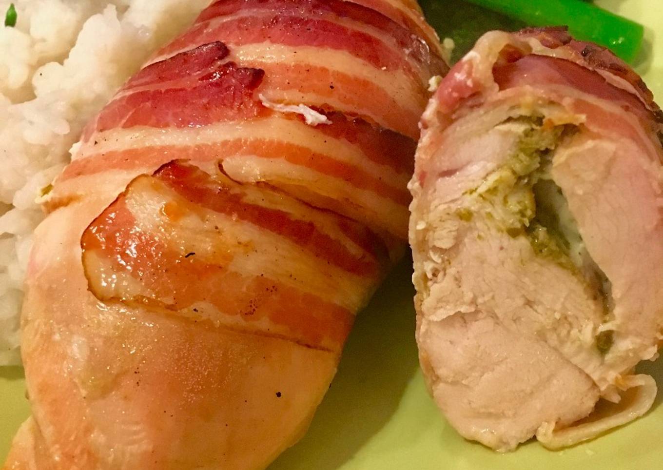 Chicken stuffed with Mozzarella and Pesto, Wrapped in Streaky Bacon