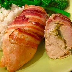 A picture of Chicken stuffed with Mozzarella and Pesto, Wrapped in Streaky Bacon.