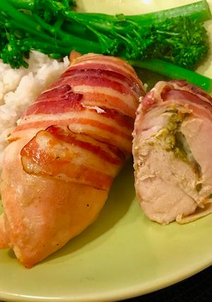 A picture of Chicken stuffed with Mozzarella and Pesto, Wrapped in Streaky Bacon.