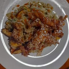 A picture of Honey chicken and fried rice.