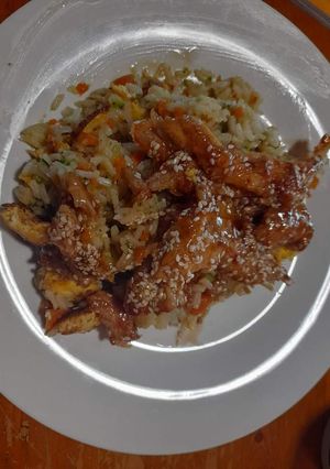 A picture of Honey chicken and fried rice.