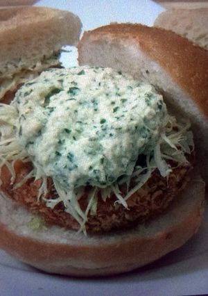 A picture of Salmon Katsu Burger.