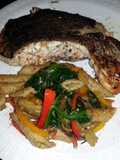 jerk salmon and penne pasta with bell peppers eggplant &spinach