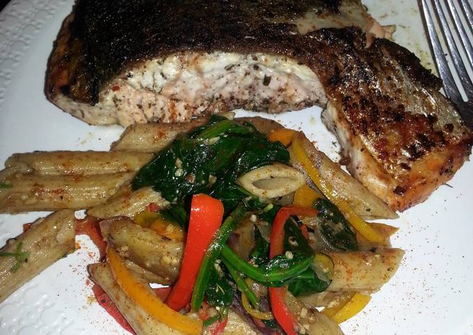 jerk salmon and penne pasta with bell peppers eggplant &spinach