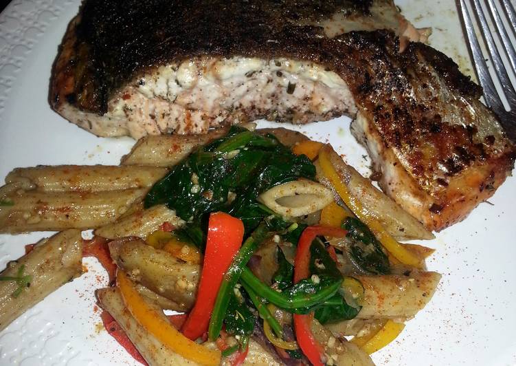 Steps to Prepare Favorite jerk salmon and penne pasta with bell peppers eggplant &spinach