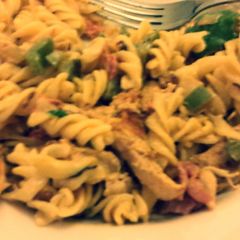 A picture of Chorizo pasta with Chicken and Bacon.