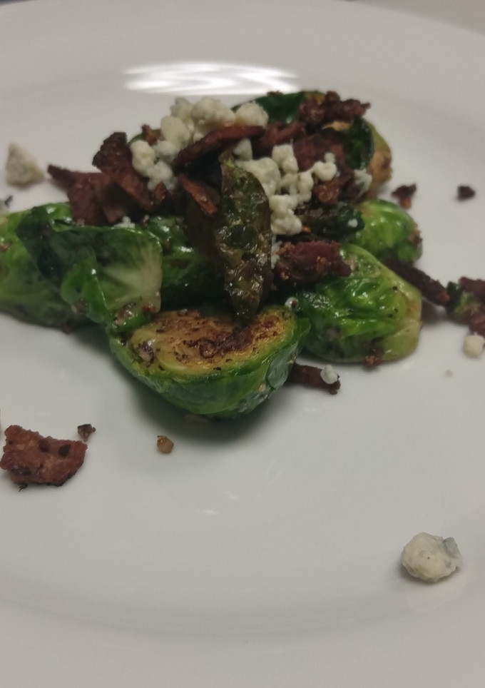 A picture of Brussel Sprouts with Bacon and Bleu.
