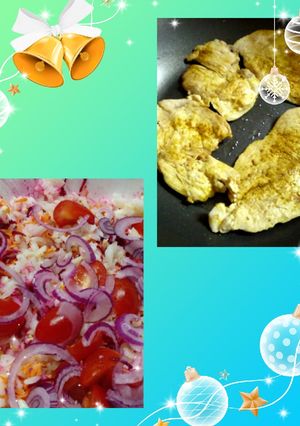 Una foto de Bifecitos de pollo y ensalada de arroz