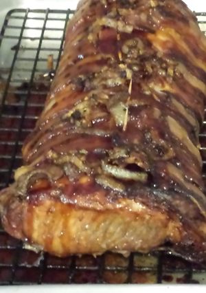 A picture of Teriyaki Bacon wrapped pork loin.